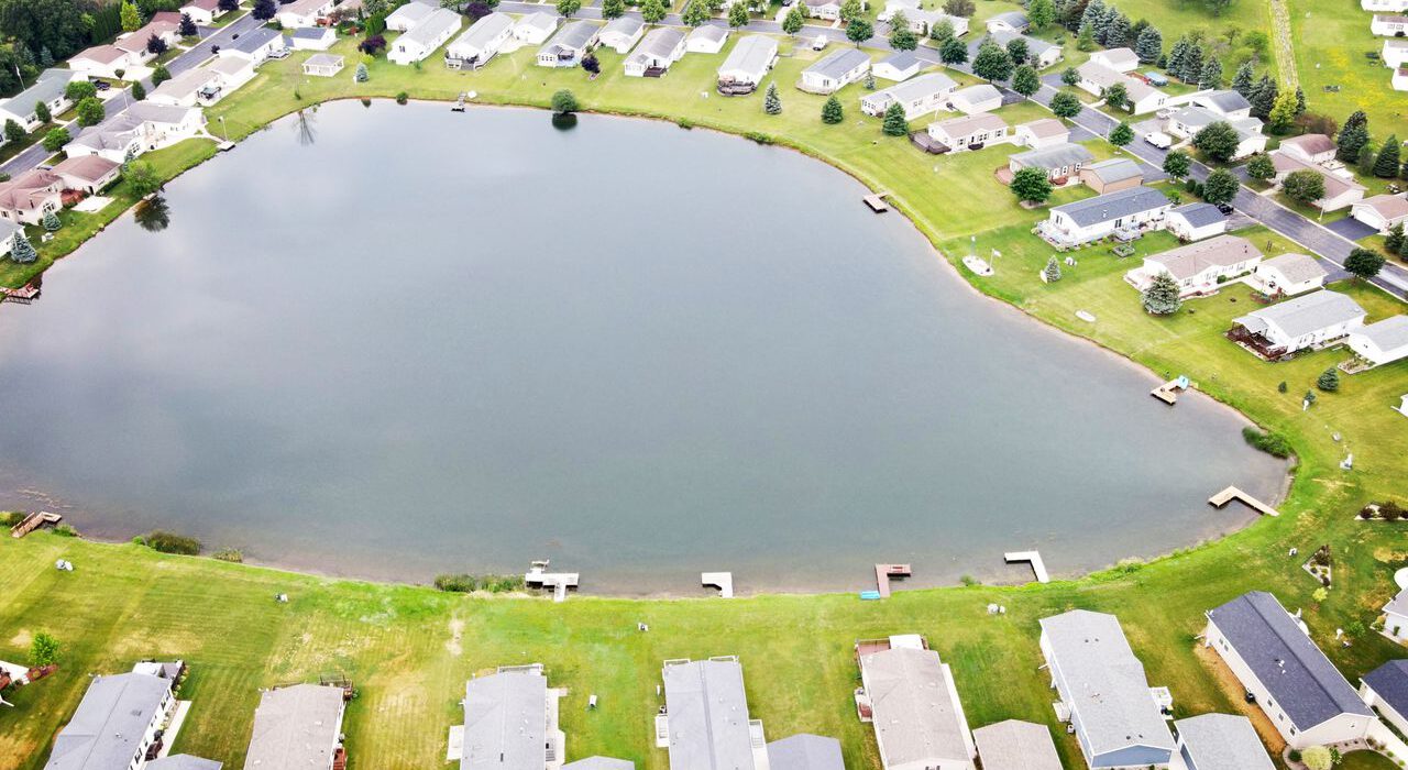 Aerial view of mobile homes on a lake